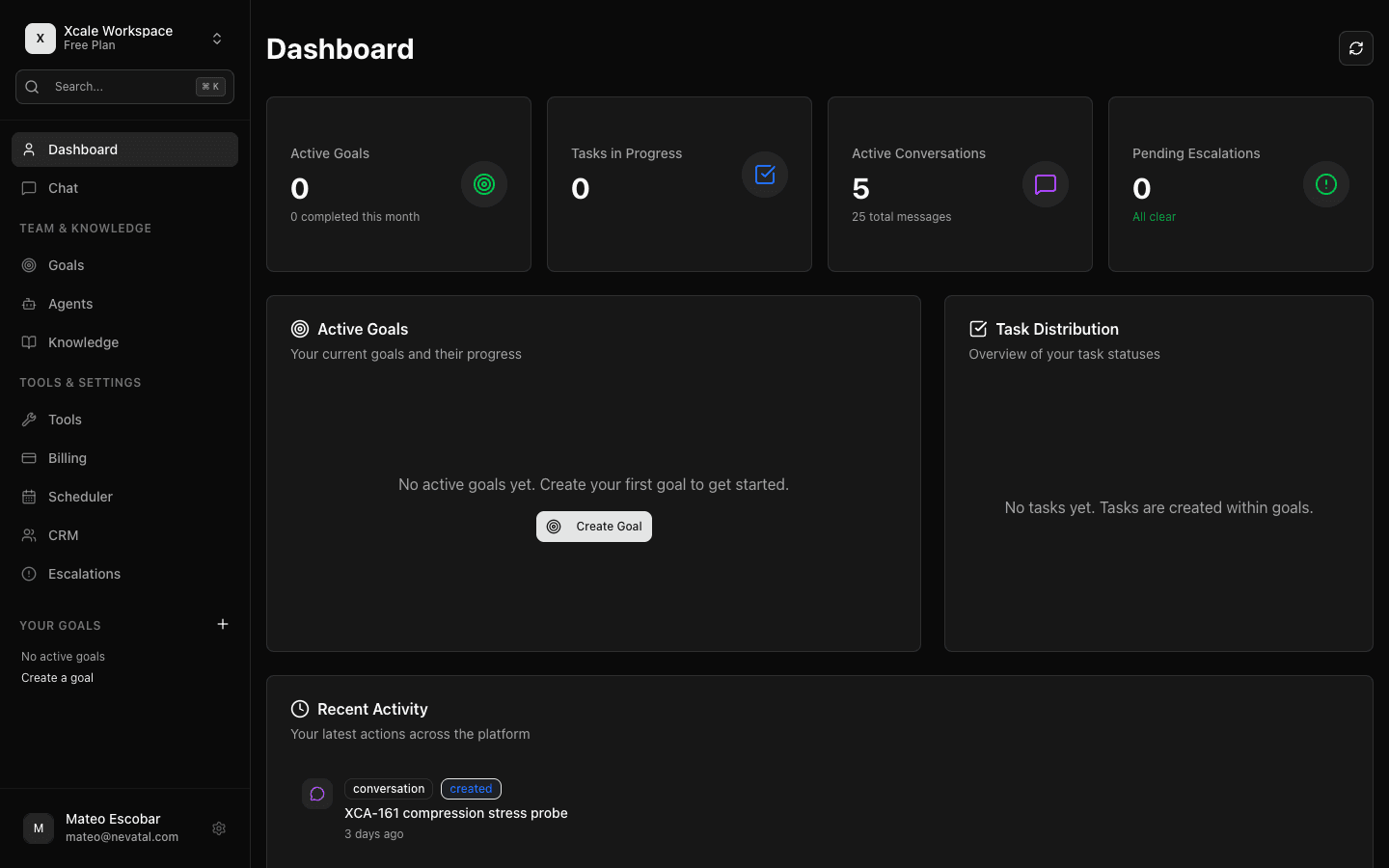 xcale dashboard — AI agent management, goals, and business intelligence